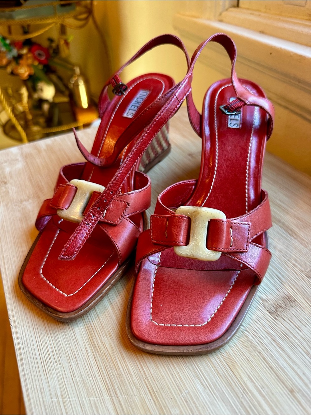 Vintage Nickels Red Leather Woven Wedge Sandals - Size 8.5